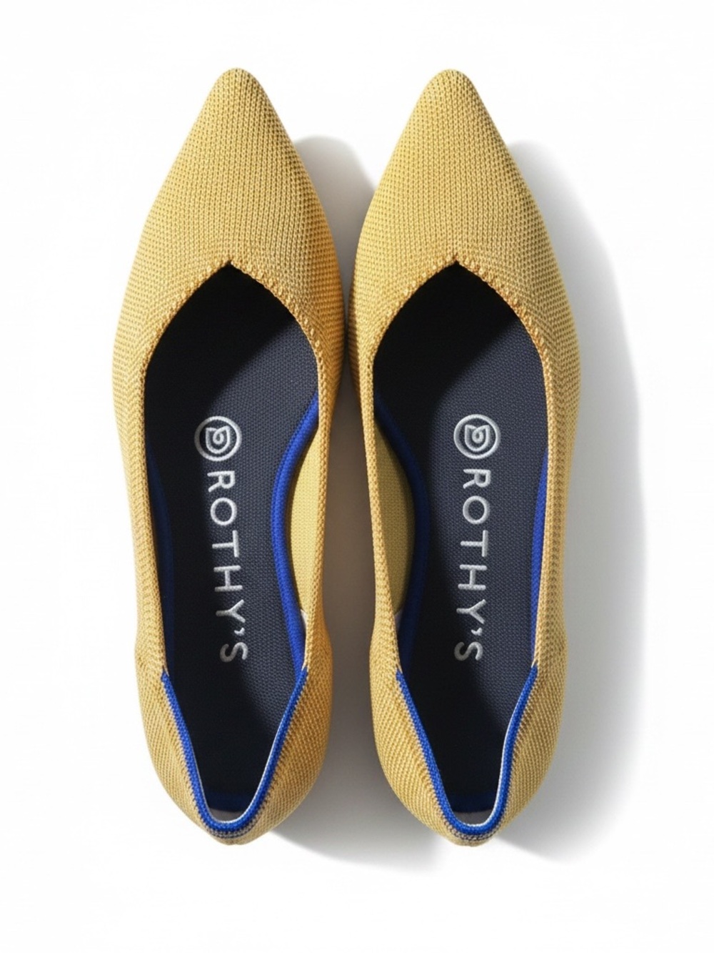 Rothy's Pointed Knit Flat in Marigold Yellow with Navy Insole Trim 6